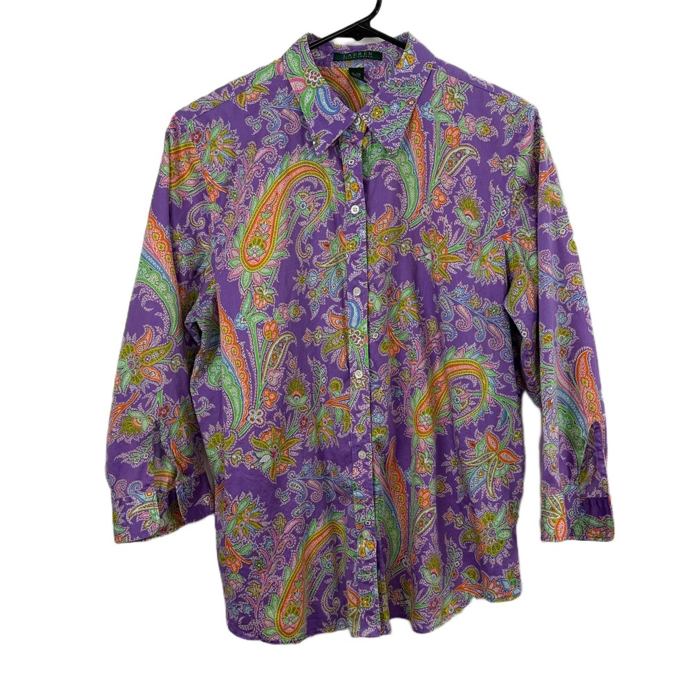 Lauren Ralph Lauren Paisley Top Womens XL Purple Button Crop Sleeve Boho Cotton